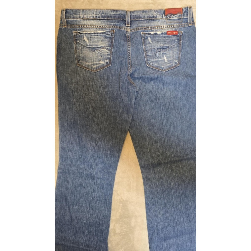 Blue 2 Flare leg Jeans Women's Low Rise Medium Wash Stretch Distressed 33 - Picture 5 of 16